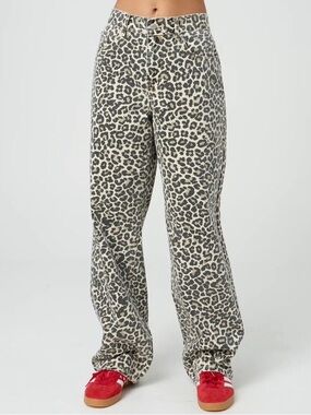 Glassons Leopard Print Mid Rise Baggy Jeans Wide Leg 100% Cotton Size 8 NWT
